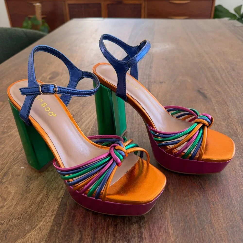 NEW Bamboo Multicolor Platform Block Heel Sandals Size 6
